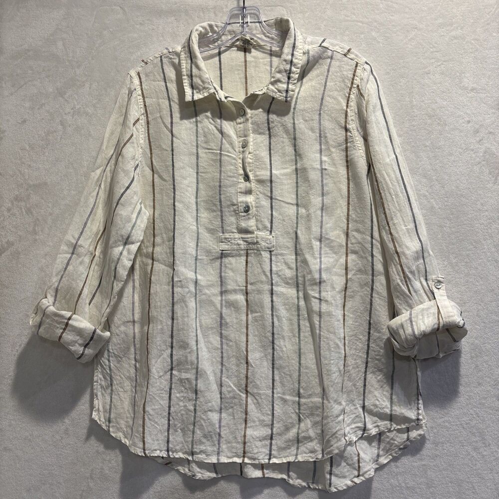 Artisan NY Linen Roll Tab Sleeve Striped Tunic Lagenlook Boho Ivory Women's XL